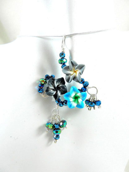 Silver Wire Wrapped Blue Flower on Sterling Silver Necklace with Matching Earrings