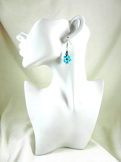 Silver Wire Wrapped Blue Flower on Sterling Silver Necklace with Matching Earrings