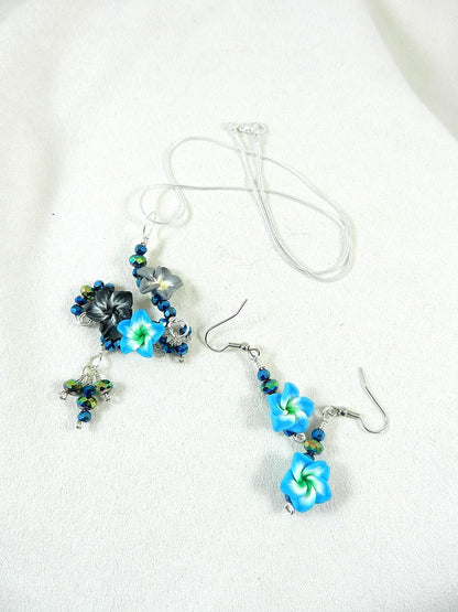 Silver Wire Wrapped Blue Flower on Sterling Silver Necklace with Matching Earrings