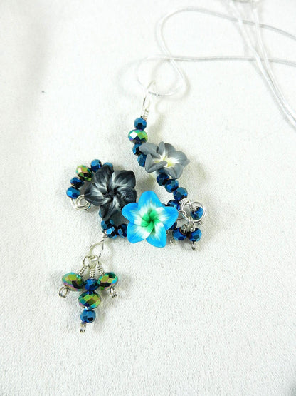 Silver Wire Wrapped Blue Flower on Sterling Silver Necklace with Matching Earrings