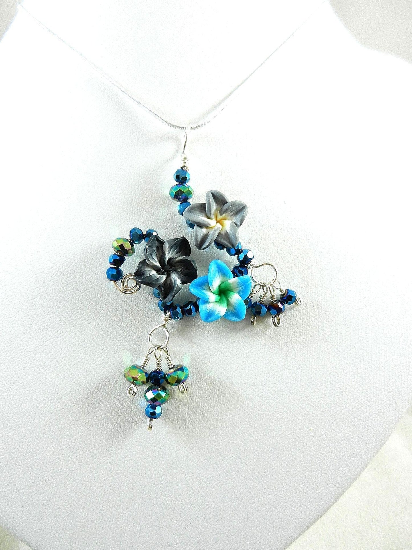 Silver Wire Wrapped Blue Flower on Sterling Silver Necklace with Matching Earrings