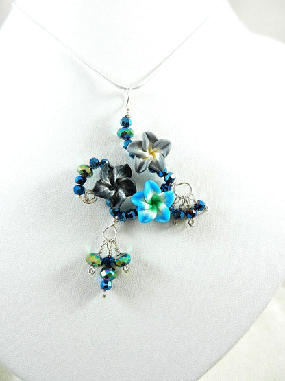 Silver Wire Wrapped Blue Flower on Sterling Silver Necklace with Matching Earrings