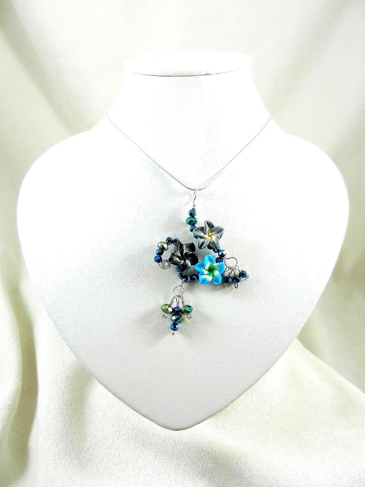 Silver Wire Wrapped Blue Flower on Sterling Silver Necklace with Matching Earrings