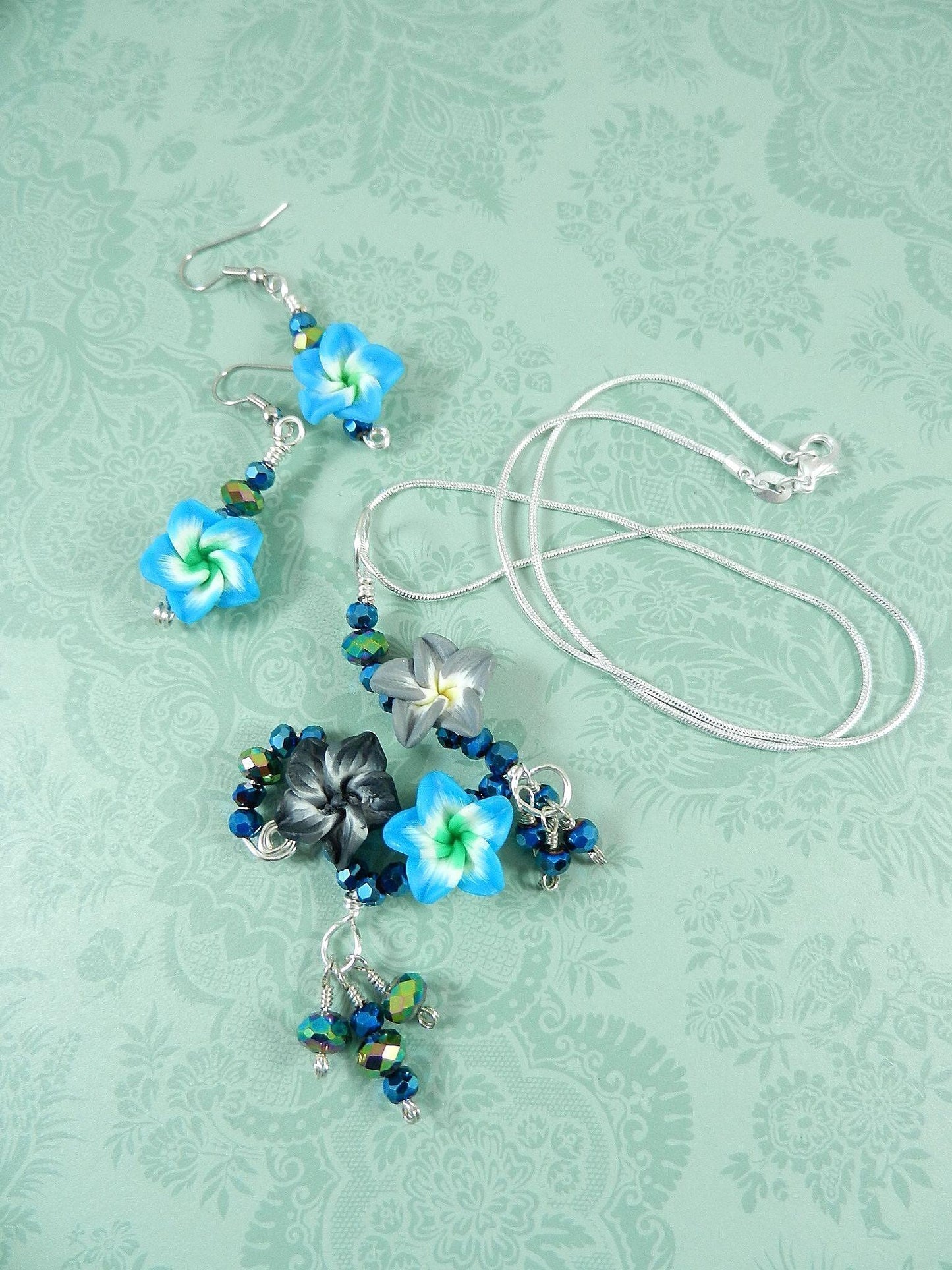 Silver Wire Wrapped Blue Flower on Sterling Silver Necklace with Matching Earrings
