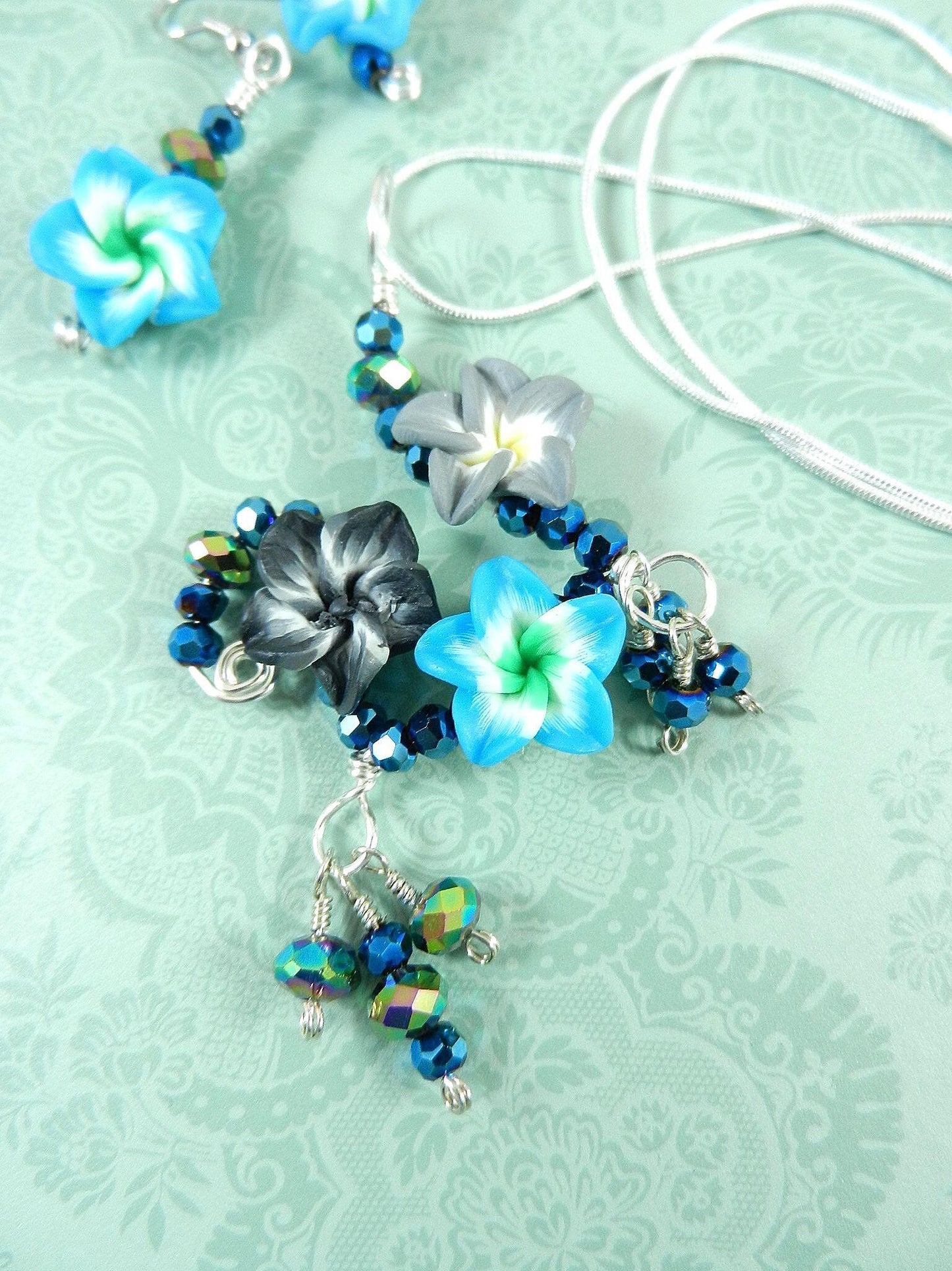 Silver Wire Wrapped Blue Flower on Sterling Silver Necklace with Matching Earrings