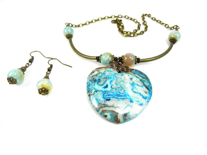 Blue and Beige Crazy Lace Heart Gemstone Pendant Necklace Bronze Wire Wrapped with Matching Earrings