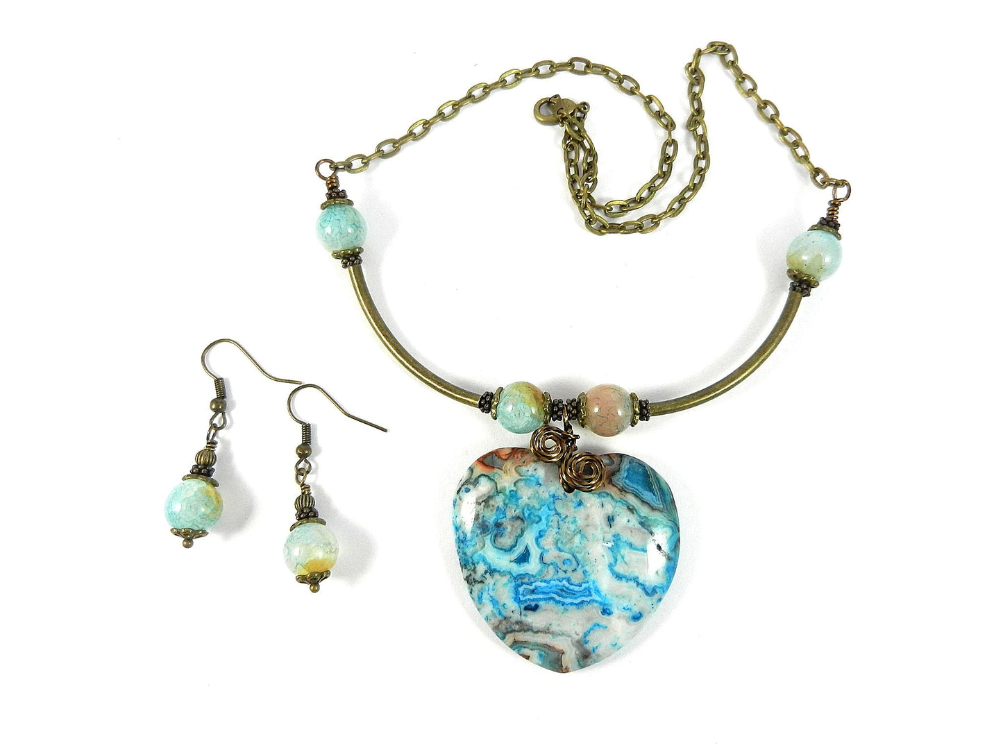Blue and Beige Crazy Lace Heart Gemstone Pendant Necklace Bronze Wire Wrapped with Matching Earrings