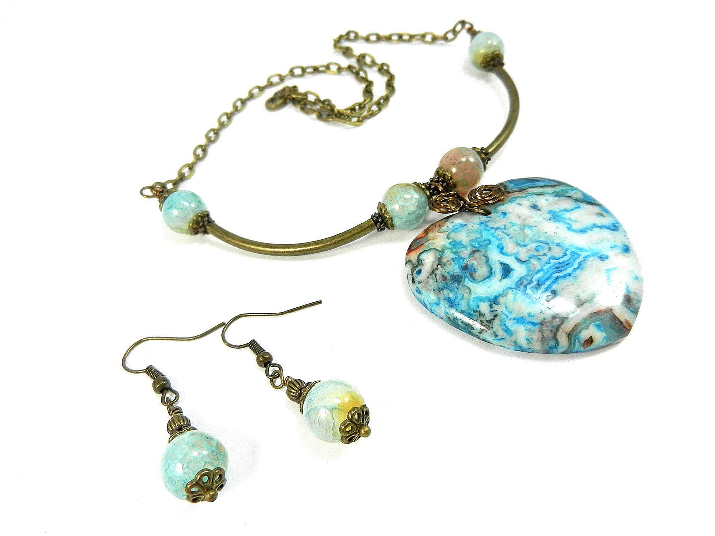 Blue and Beige Crazy Lace Heart Gemstone Pendant Necklace Bronze Wire Wrapped with Matching Earrings