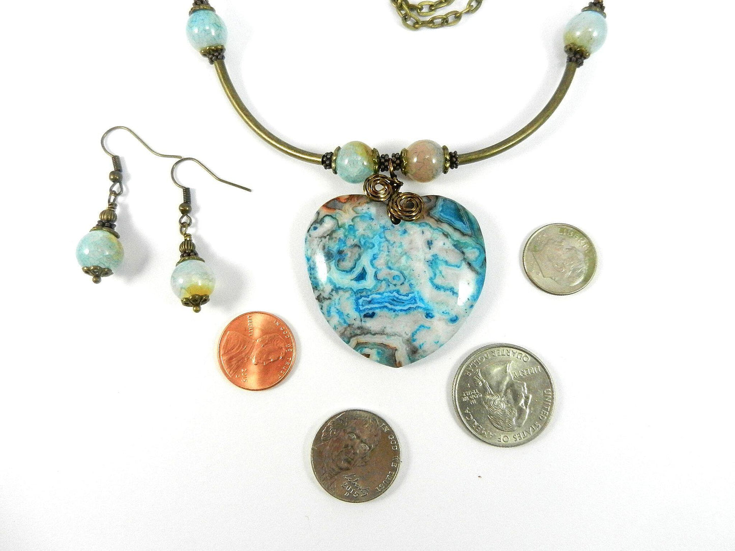 Blue and Beige Crazy Lace Heart Gemstone Pendant Necklace Bronze Wire Wrapped with Matching Earrings