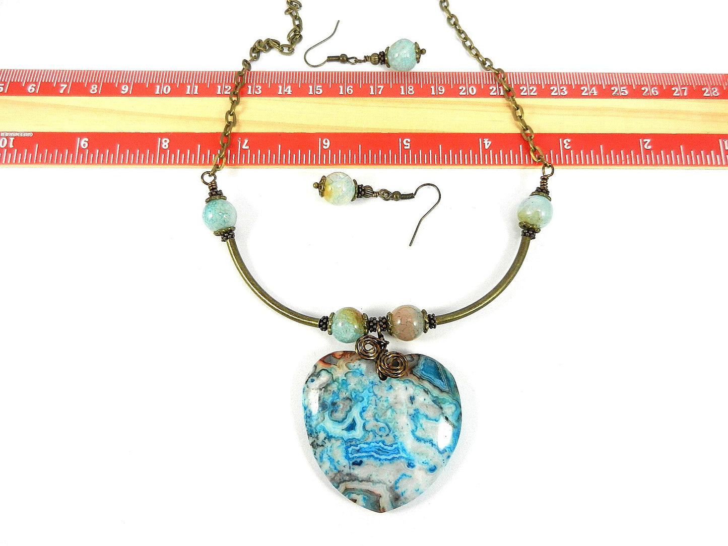 Blue and Beige Crazy Lace Heart Gemstone Pendant Necklace Bronze Wire Wrapped with Matching Earrings