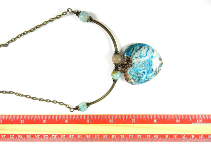 Blue and Beige Crazy Lace Heart Gemstone Pendant Necklace Bronze Wire Wrapped with Matching Earrings