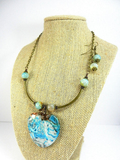 Blue and Beige Crazy Lace Heart Gemstone Pendant Necklace Bronze Wire Wrapped with Matching Earrings