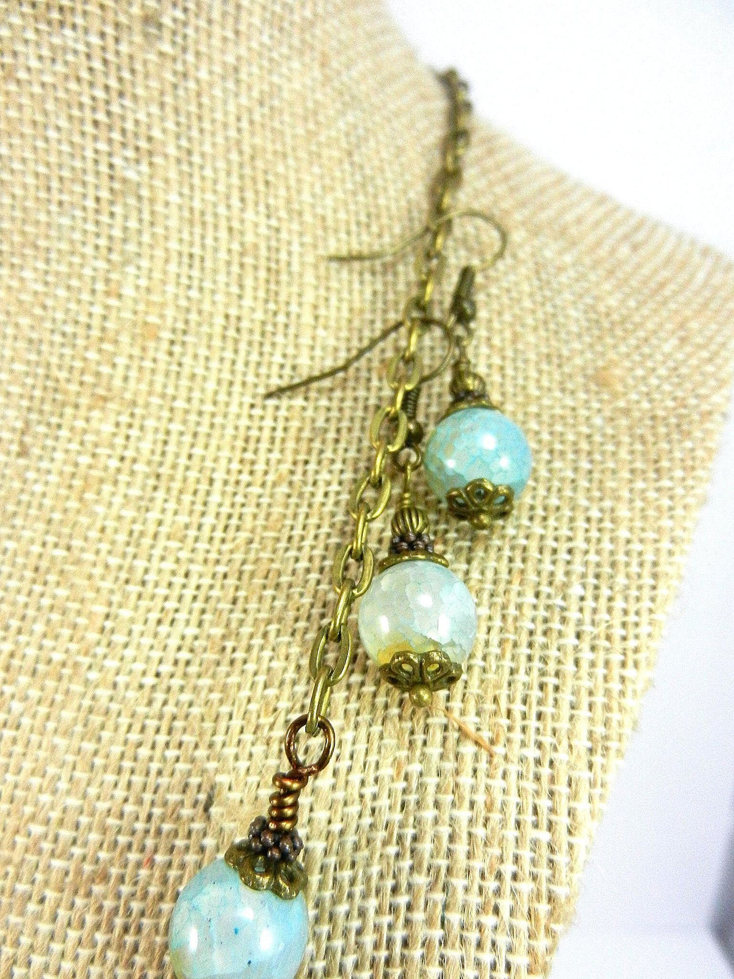 Blue and Beige Crazy Lace Heart Gemstone Pendant Necklace Bronze Wire Wrapped with Matching Earrings