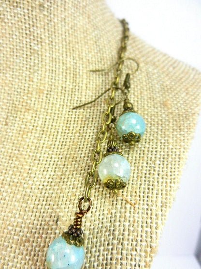 Blue and Beige Crazy Lace Heart Gemstone Pendant Necklace Bronze Wire Wrapped with Matching Earrings
