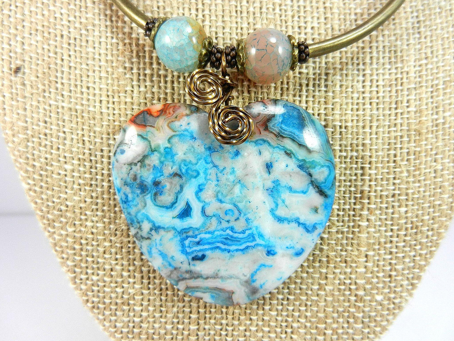Blue and Beige Crazy Lace Heart Gemstone Pendant Necklace Bronze Wire Wrapped with Matching Earrings
