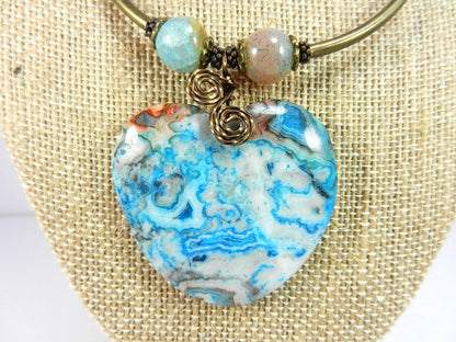 Blue and Beige Crazy Lace Heart Gemstone Pendant Necklace Bronze Wire Wrapped with Matching Earrings