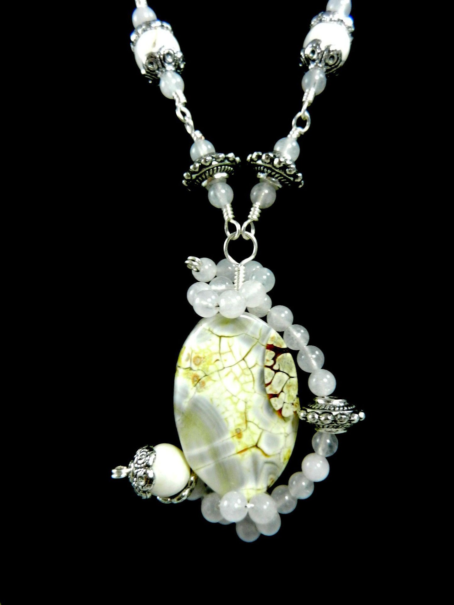 White Fire Agate Gemstone Pendant Necklace Silver Wire Wrapped with Matching White Turquoise Earrings