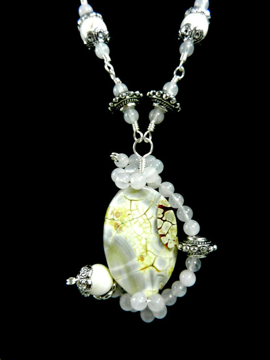 White Fire Agate Gemstone Pendant Necklace Silver Wire Wrapped with Matching White Turquoise Earrings