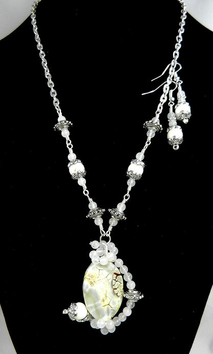 White Fire Agate Gemstone Pendant Necklace Silver Wire Wrapped with Matching White Turquoise Earrings