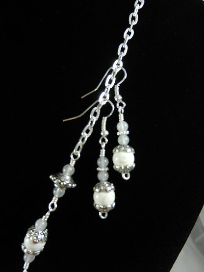 White Fire Agate Gemstone Pendant Necklace Silver Wire Wrapped with Matching White Turquoise Earrings