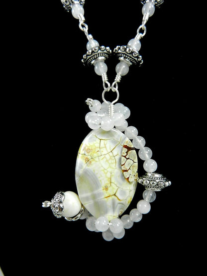 White Fire Agate Gemstone Pendant Necklace Silver Wire Wrapped with Matching White Turquoise Earrings