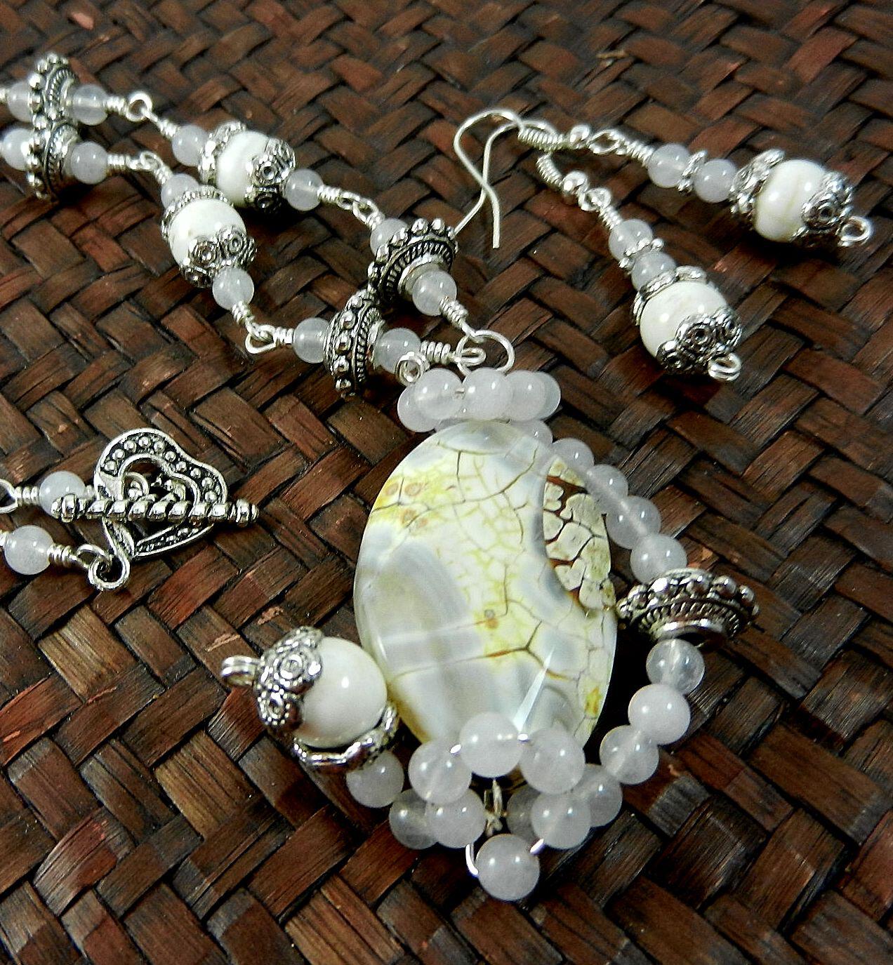White Fire Agate Gemstone Pendant Necklace Silver Wire Wrapped with Matching White Turquoise Earrings