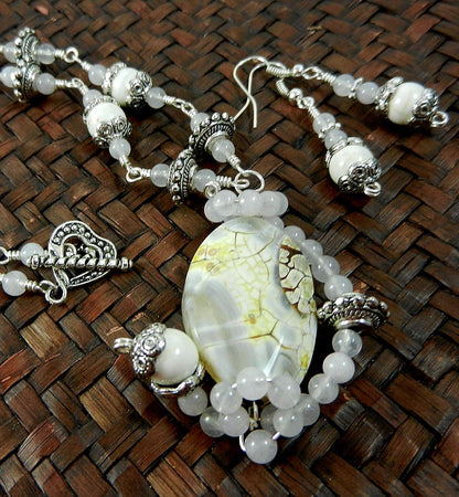 White Fire Agate Gemstone Pendant Necklace Silver Wire Wrapped with Matching White Turquoise Earrings