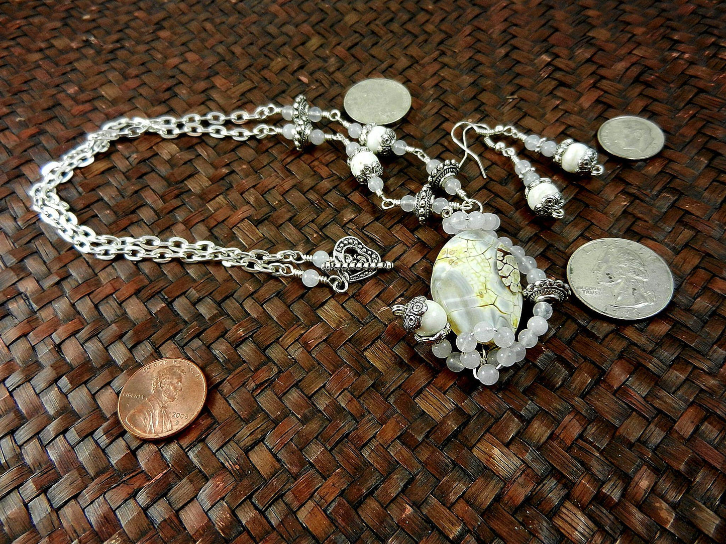 White Fire Agate Gemstone Pendant Necklace Silver Wire Wrapped with Matching White Turquoise Earrings