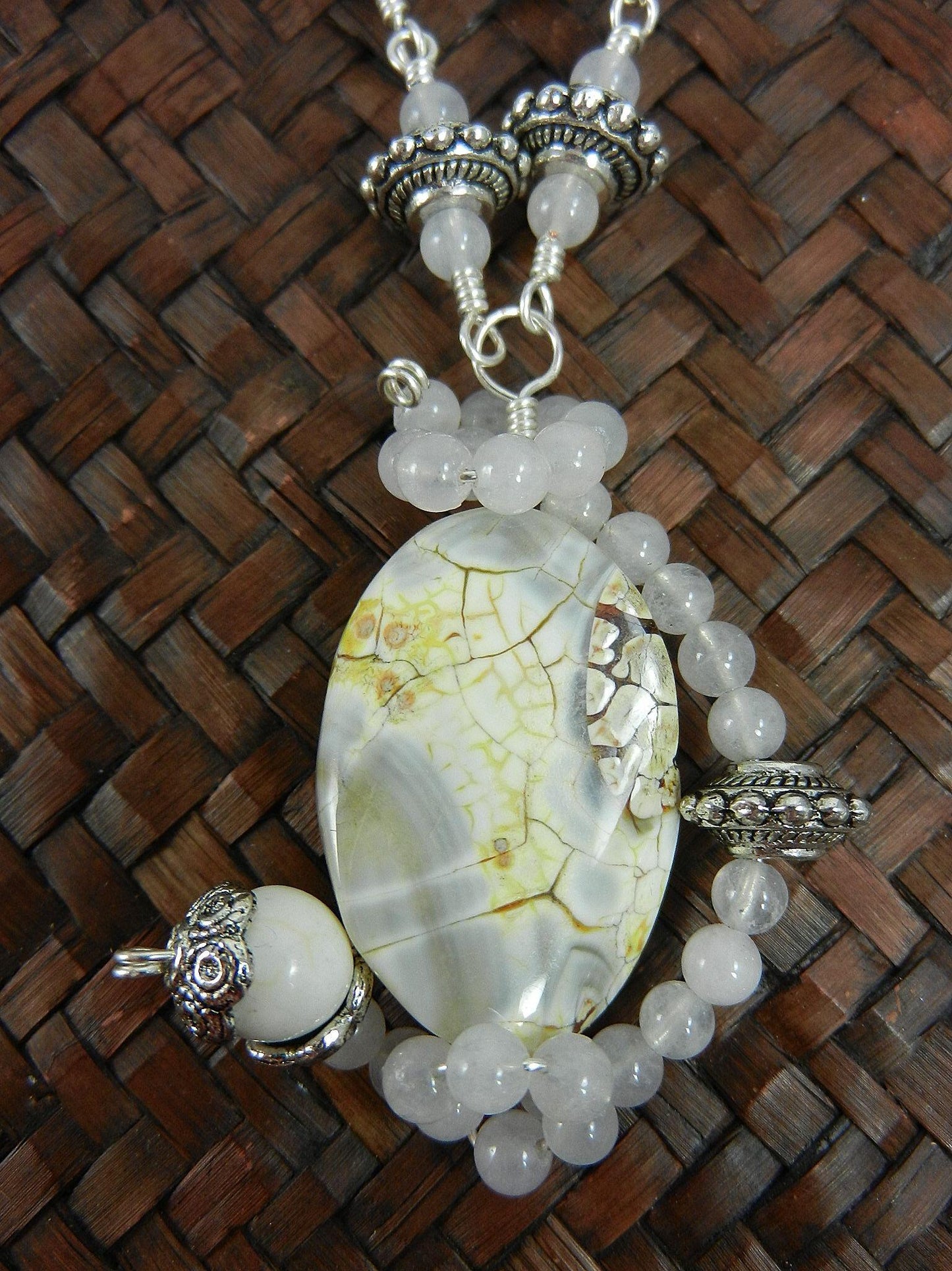 White Fire Agate Gemstone Pendant Necklace Silver Wire Wrapped with Matching White Turquoise Earrings