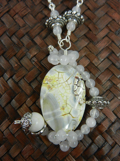 White Fire Agate Gemstone Pendant Necklace Silver Wire Wrapped with Matching White Turquoise Earrings