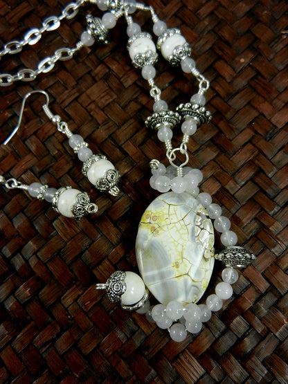 White Fire Agate Gemstone Pendant Necklace Silver Wire Wrapped with Matching White Turquoise Earrings