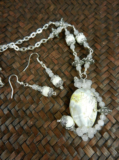 White Fire Agate Gemstone Pendant Necklace Silver Wire Wrapped with Matching White Turquoise Earrings
