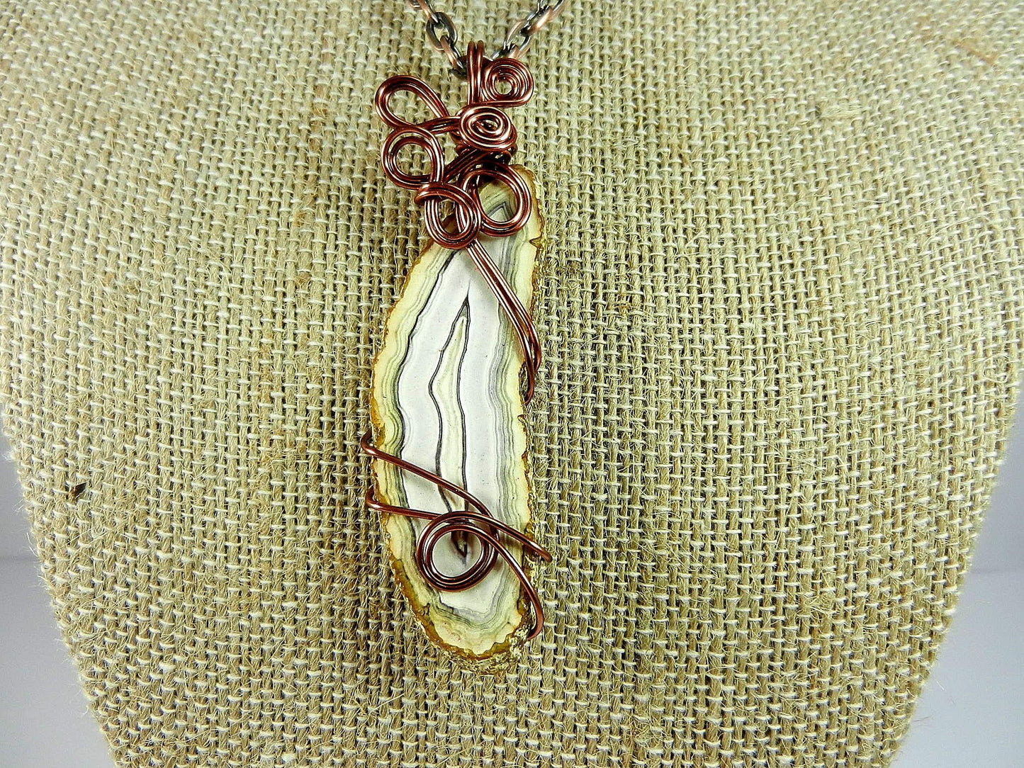 White Fire Agate Cabochon Copper Wire Wrapped Pendant with Matching Earrings and a Copper Necklace.