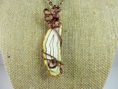 White Fire Agate Cabochon Copper Wire Wrapped Pendant with Matching Earrings and a Copper Necklace.