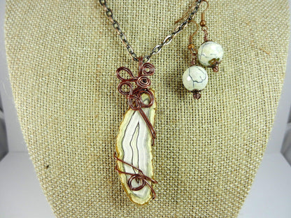 White Fire Agate Cabochon Copper Wire Wrapped Pendant with Matching Earrings and a Copper Necklace.