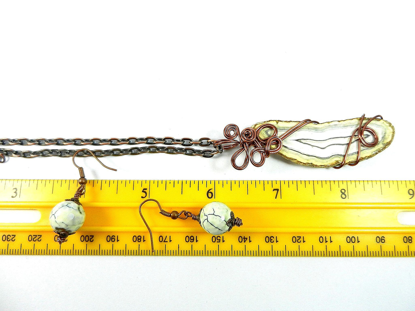 White Fire Agate Cabochon Copper Wire Wrapped Pendant with Matching Earrings and a Copper Necklace.