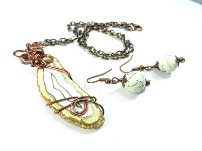 White Fire Agate Cabochon Copper Wire Wrapped Pendant with Matching Earrings and a Copper Necklace.