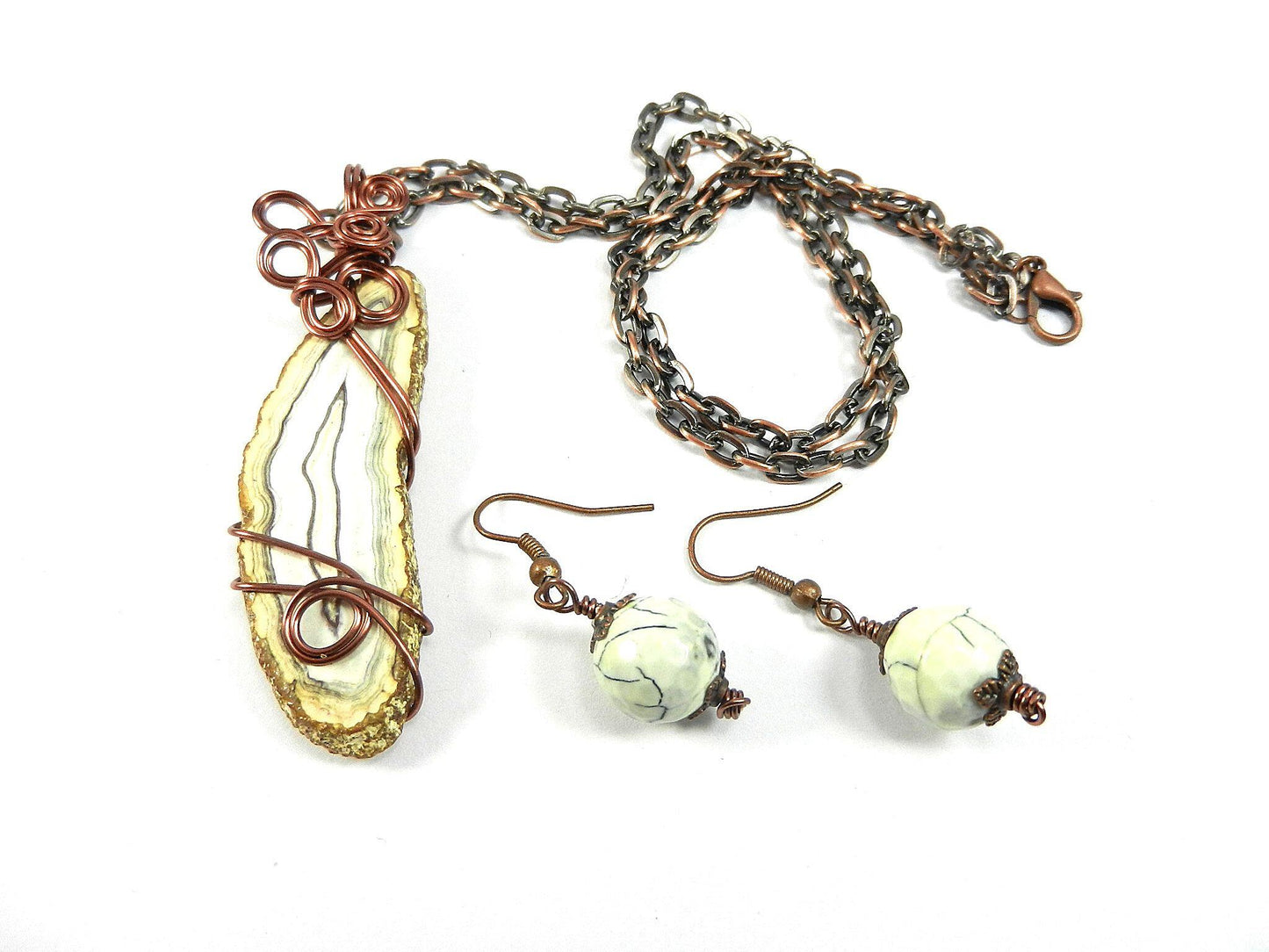 White Fire Agate Cabochon Copper Wire Wrapped Pendant with Matching Earrings and a Copper Necklace.