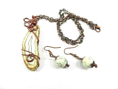 White Fire Agate Cabochon Copper Wire Wrapped Pendant with Matching Earrings and a Copper Necklace.