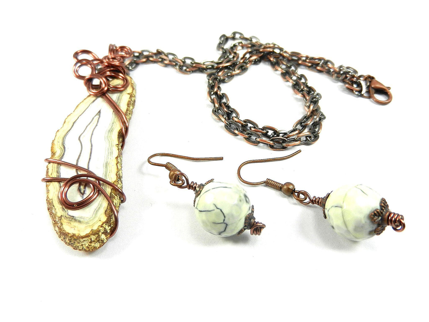 White Fire Agate Cabochon Copper Wire Wrapped Pendant with Matching Earrings and a Copper Necklace.