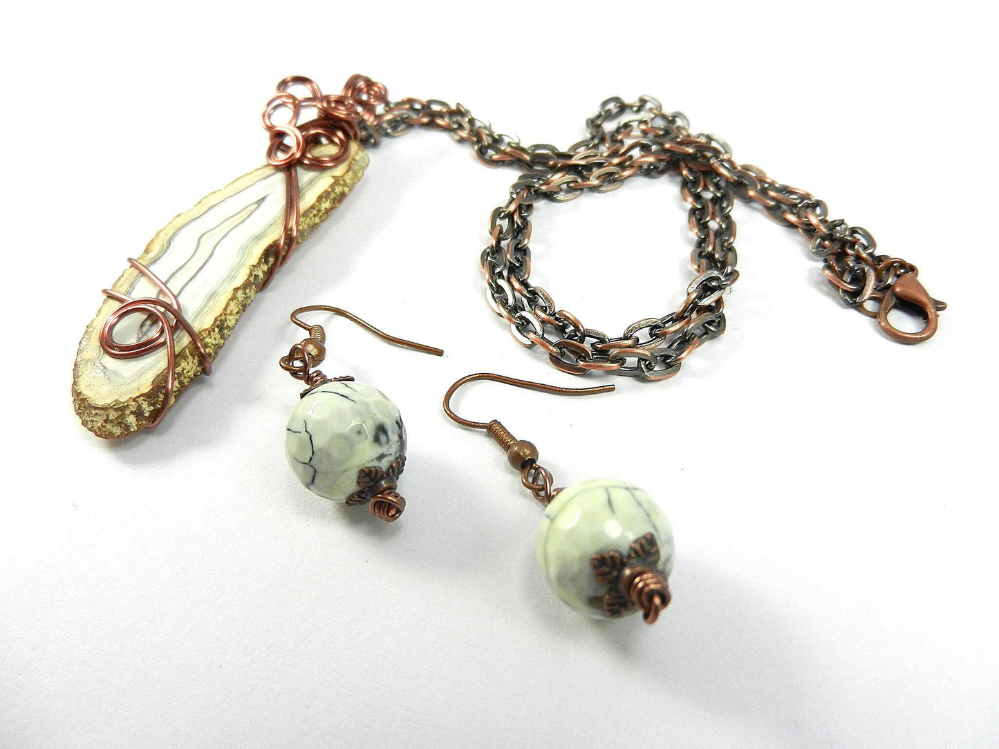 White Fire Agate Cabochon Copper Wire Wrapped Pendant with Matching Earrings and a Copper Necklace.