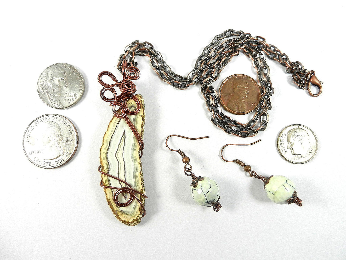 White Fire Agate Cabochon Copper Wire Wrapped Pendant with Matching Earrings and a Copper Necklace.