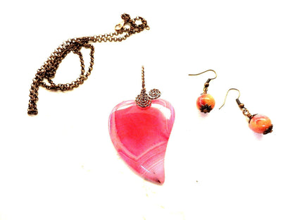Pink Banded Agate Heart Copper Wire Wrapped with Pink and Orange Crazy Lace Agate Earrings