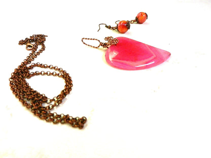 Pink Banded Agate Heart Copper Wire Wrapped with Pink and Orange Crazy Lace Agate Earrings