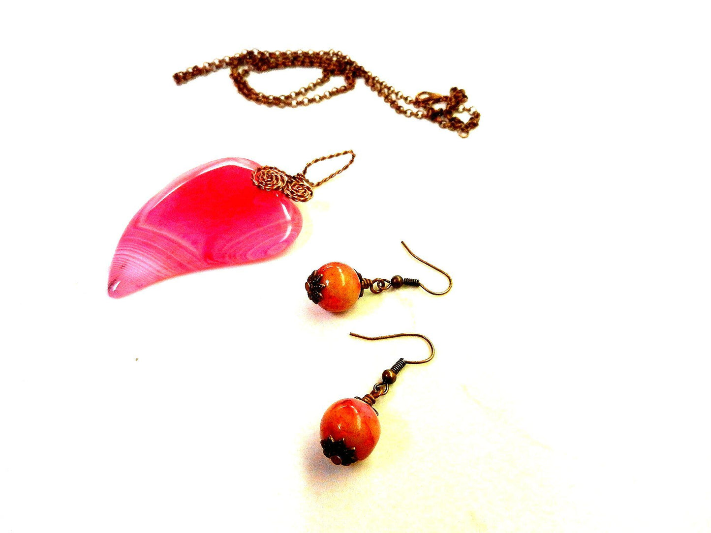 Pink Banded Agate Heart Copper Wire Wrapped with Pink and Orange Crazy Lace Agate Earrings