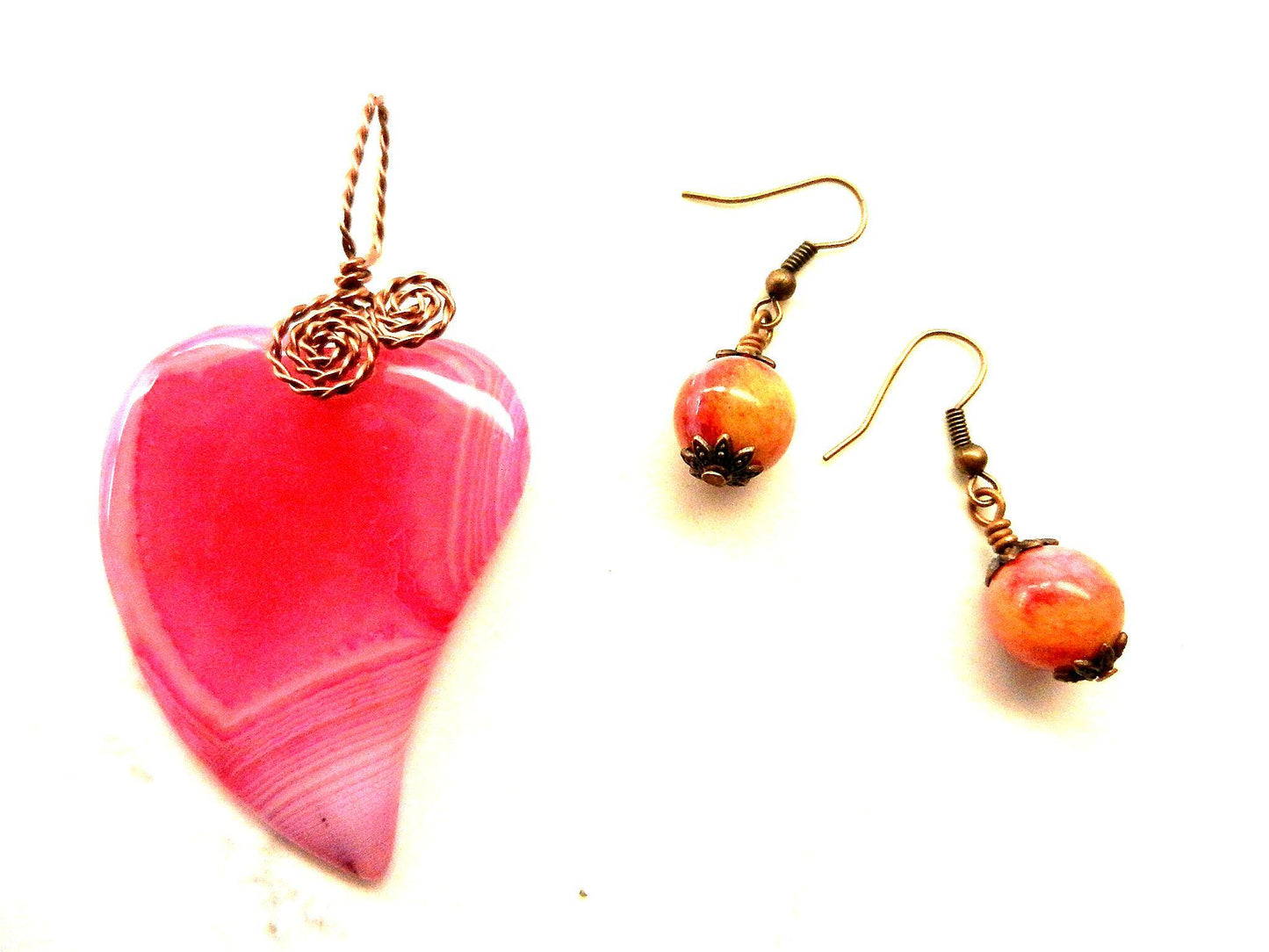 Pink Banded Agate Heart Copper Wire Wrapped with Pink and Orange Crazy Lace Agate Earrings