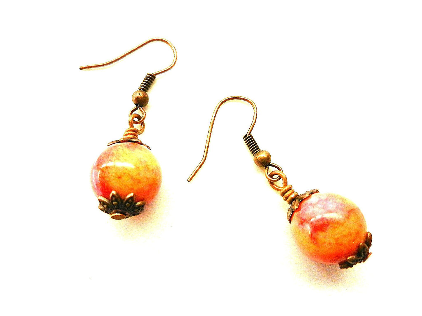Pink Banded Agate Heart Copper Wire Wrapped with Pink and Orange Crazy Lace Agate Earrings
