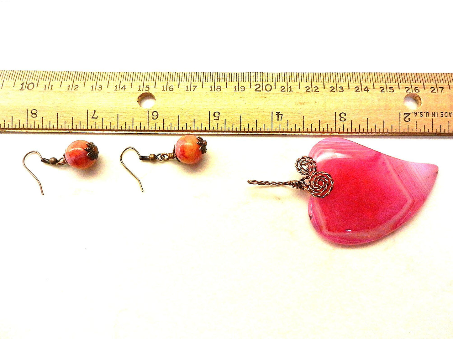 Pink Banded Agate Heart Copper Wire Wrapped with Pink and Orange Crazy Lace Agate Earrings