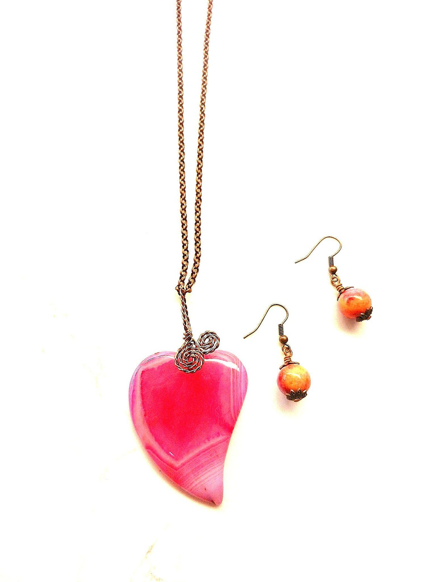 Pink Banded Agate Heart Copper Wire Wrapped with Pink and Orange Crazy Lace Agate Earrings
