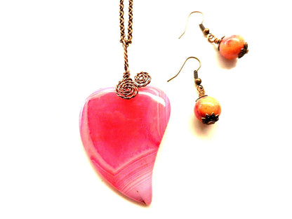 Pink Banded Agate Heart Copper Wire Wrapped with Pink and Orange Crazy Lace Agate Earrings